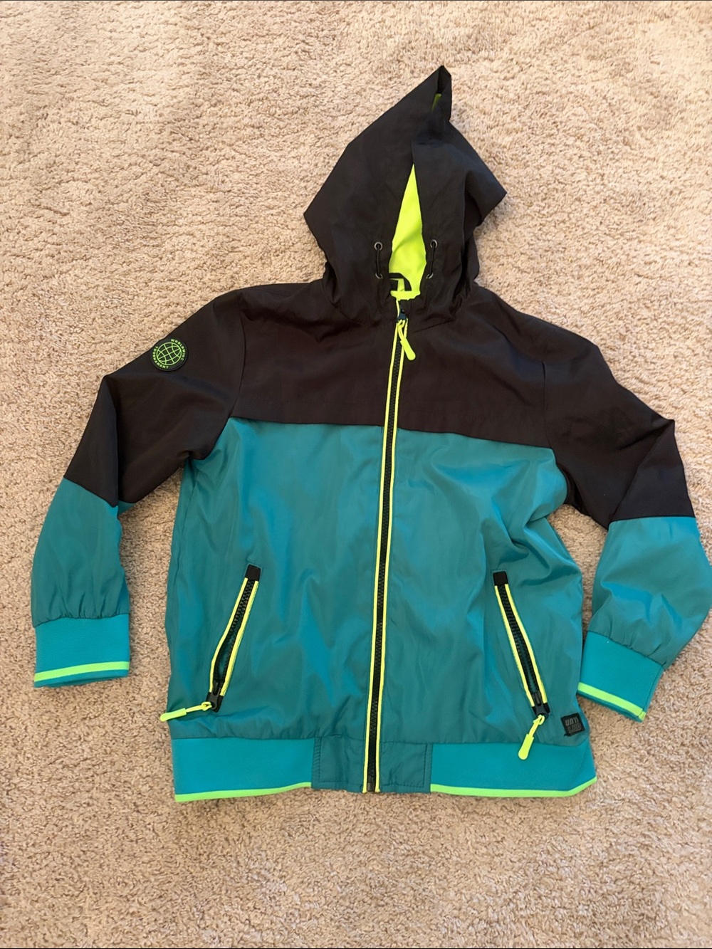 Kids' Hooded Windbreaker Jacket - Teal & Black with Neon Trim
